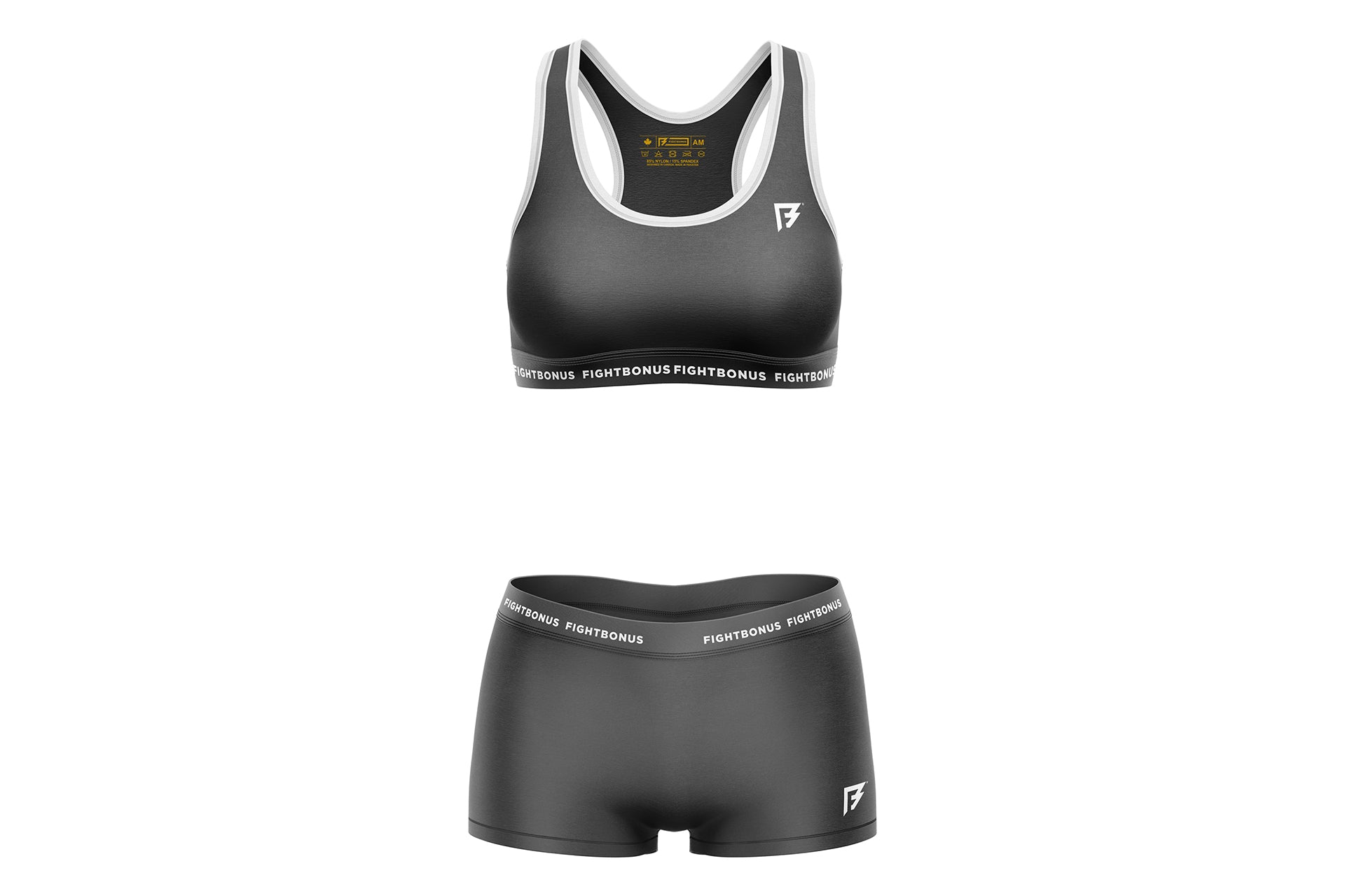 Black sports bra and shorts set with brand logo on a white background